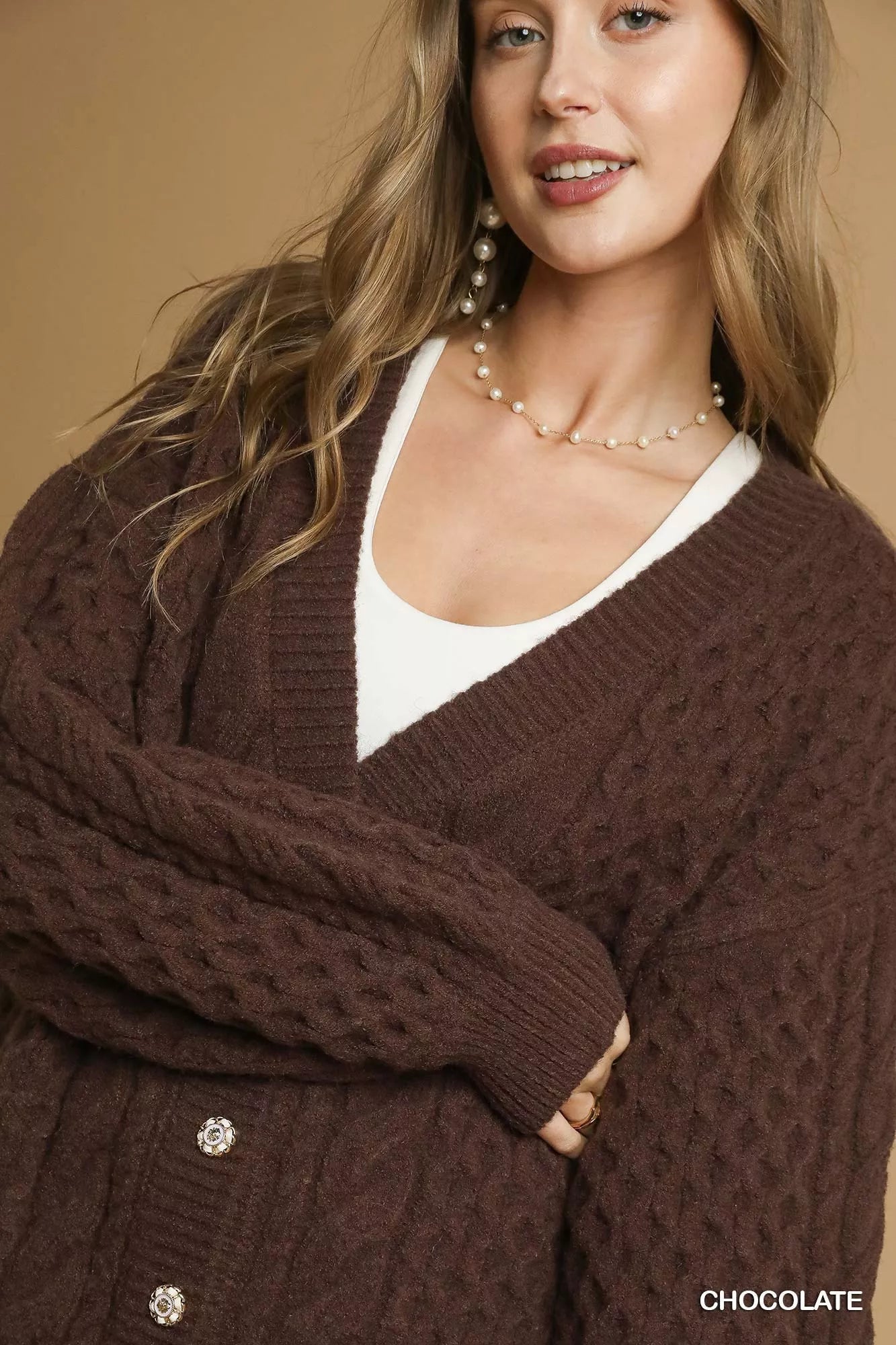 Umgee Cable Knit Pearl Button Cardigan 