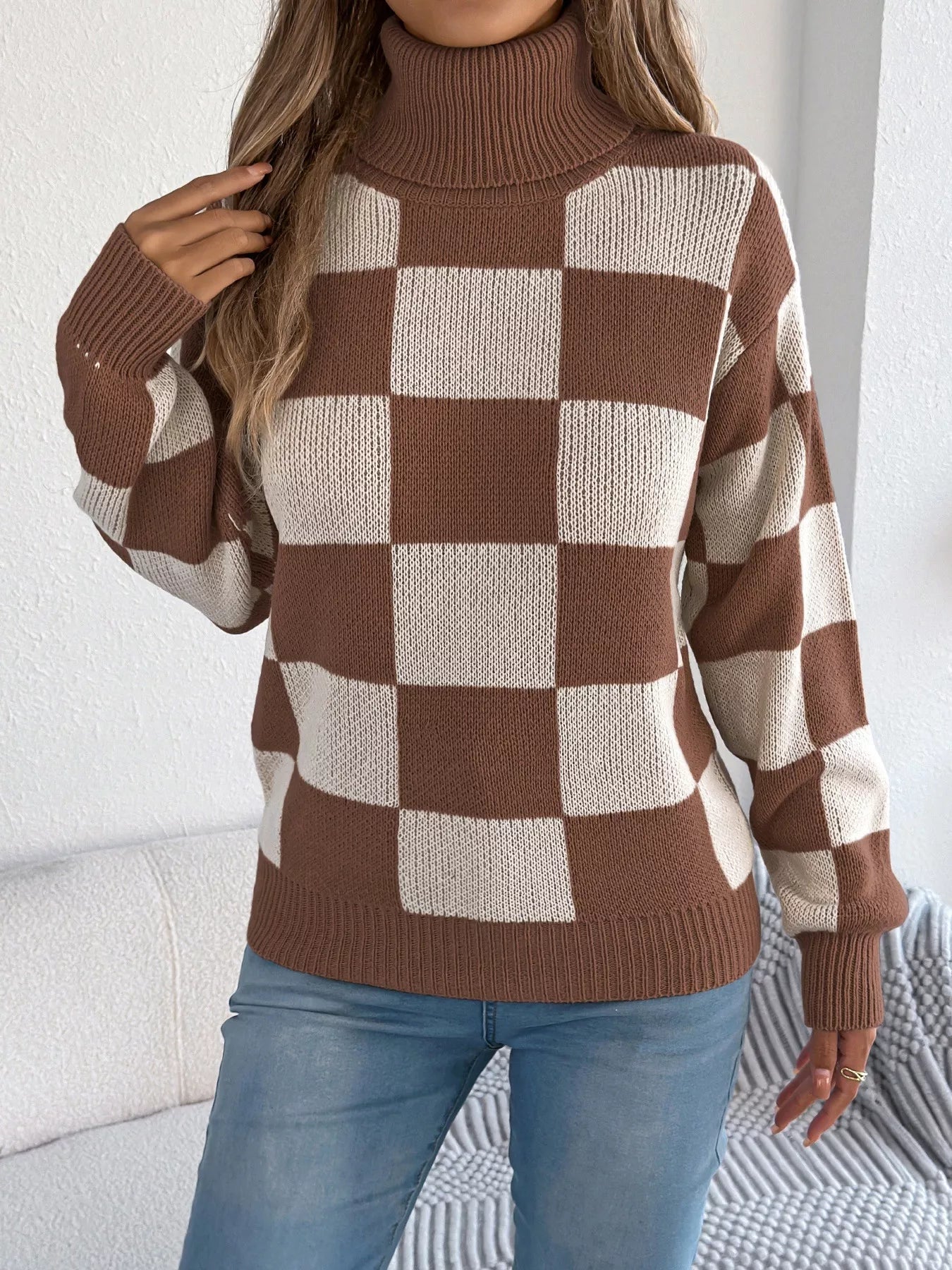 Checkered Turtleneck Long Sleeve Sweater 