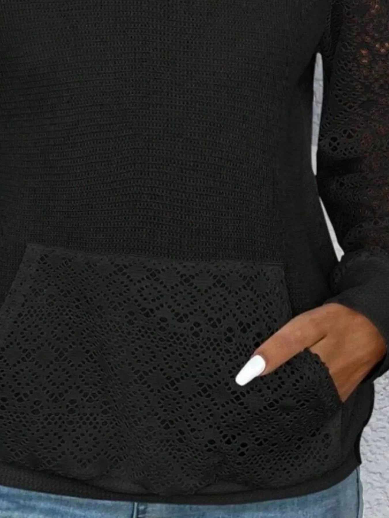 Lace Sleeve Kangaroo Pocket Hoodie 