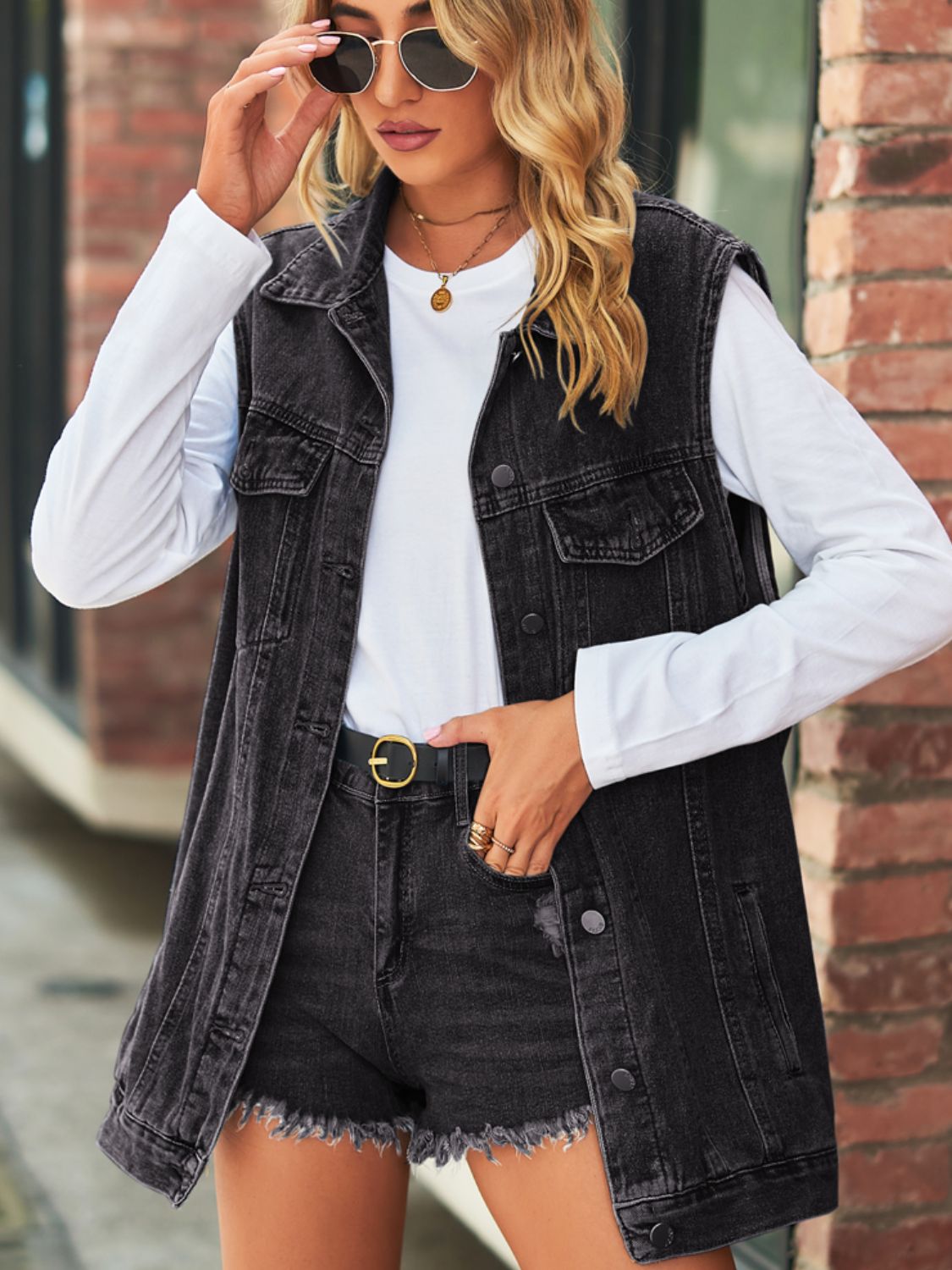 Collared Neck Sleeveless Denim Top with Pockets 