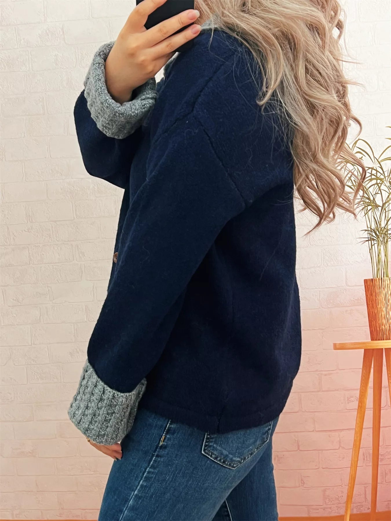 Striped Knit Button Down Cardigan with Collar 