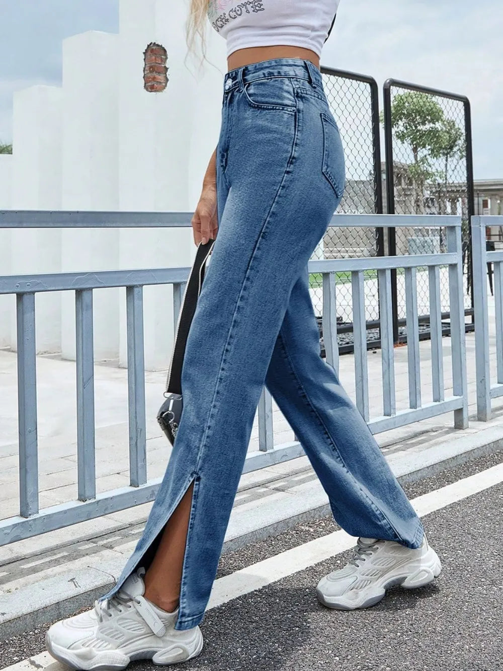 Slit High Waist Jeans with Pockets 