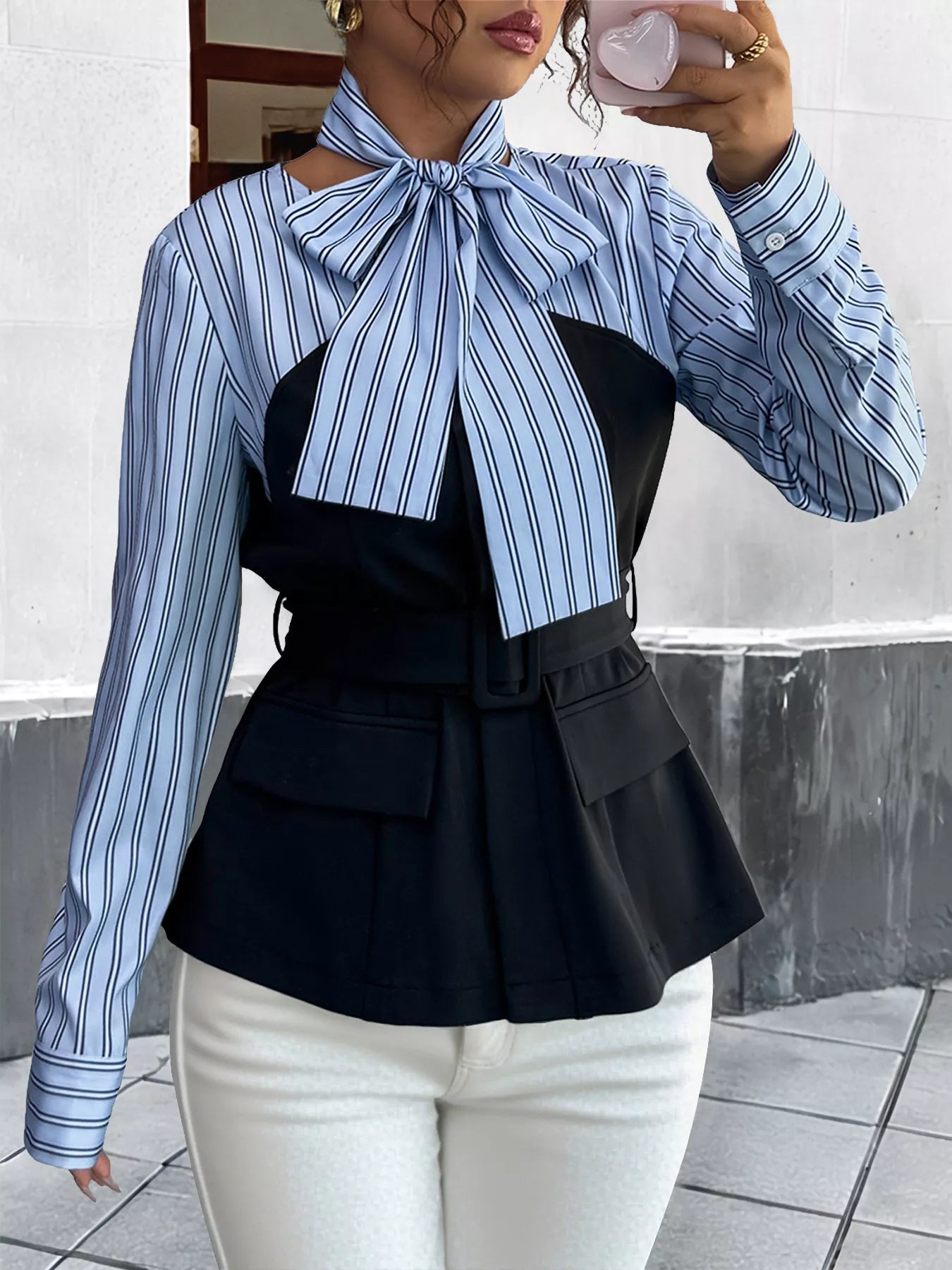 Striped Long Sleeve Blouse with Bow Tie 