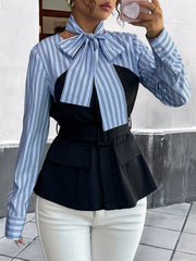 Striped Long Sleeve Blouse with Bow Tie 
