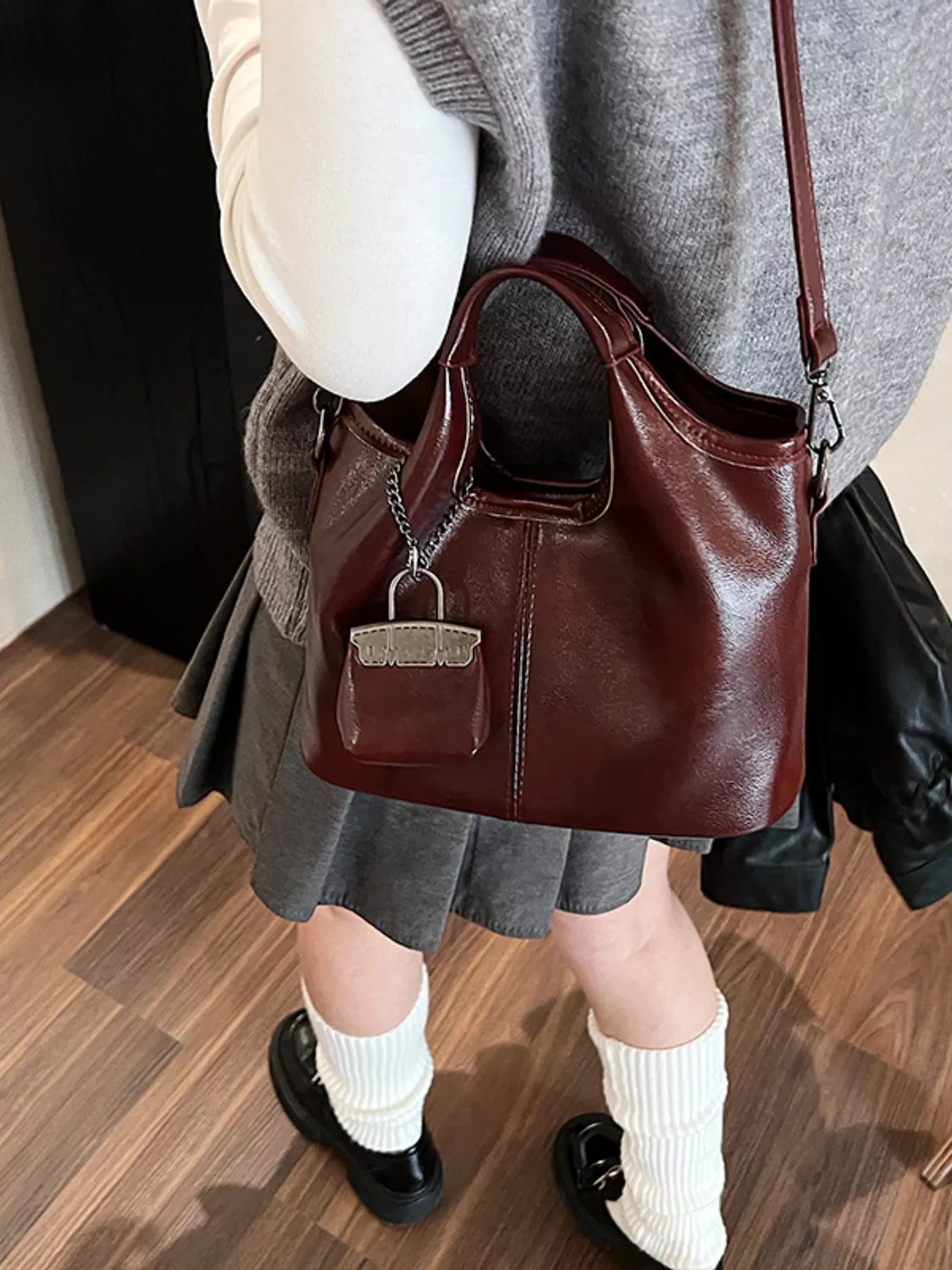 Leather Crossbody Bag with Charm 