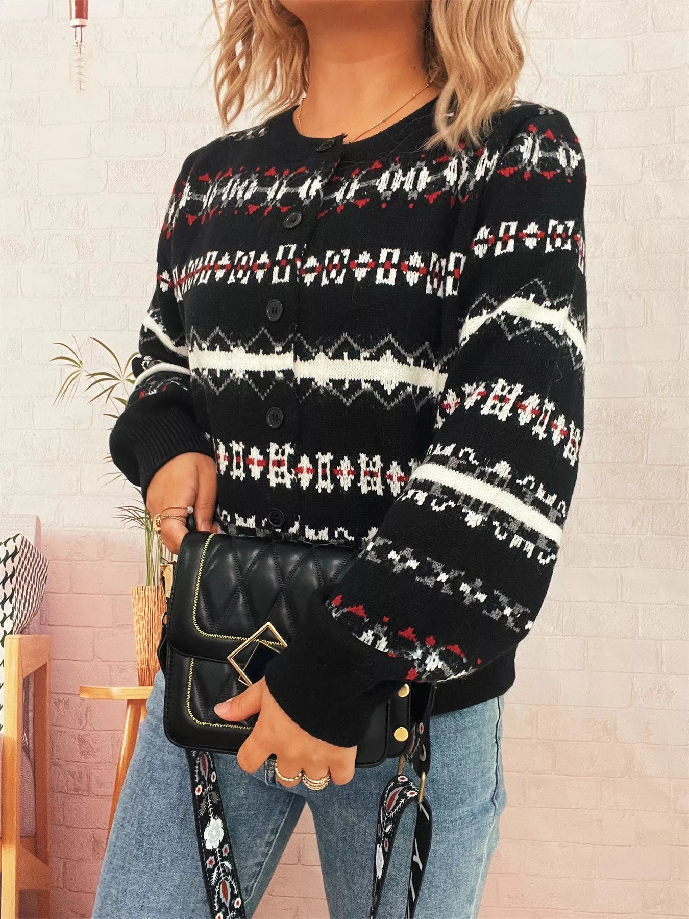 Vintage Pattern Button-Down Cardigan 