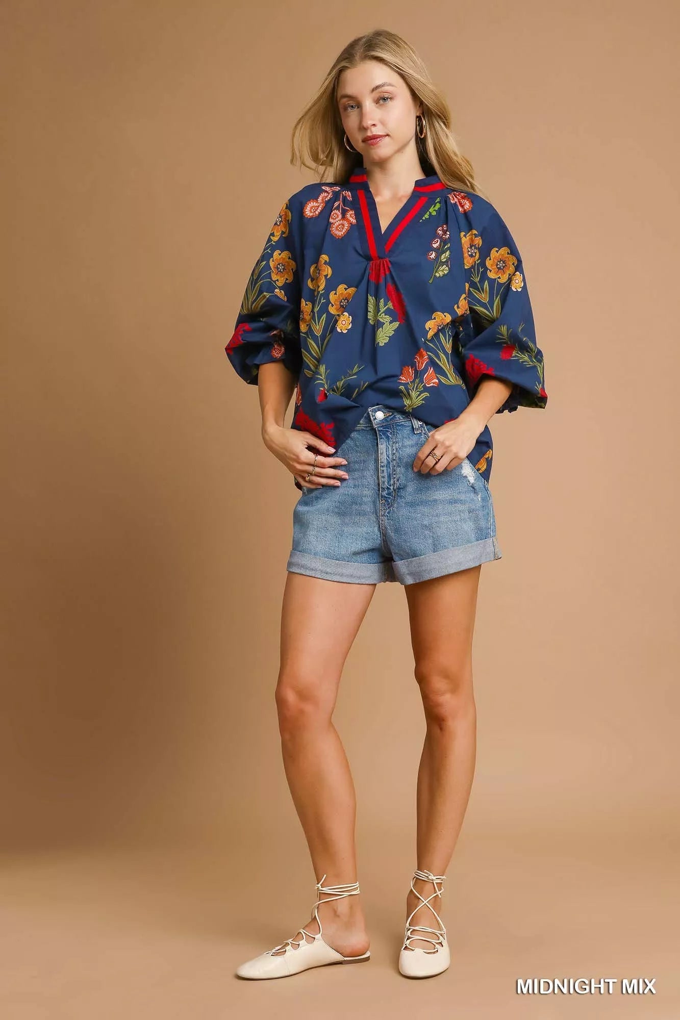 Umgee Floral Print Flounce Sleeve Blouse 