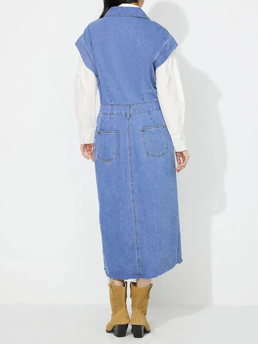 Slit Half Button Collared Neck Cap Sleeve Denim Dress 