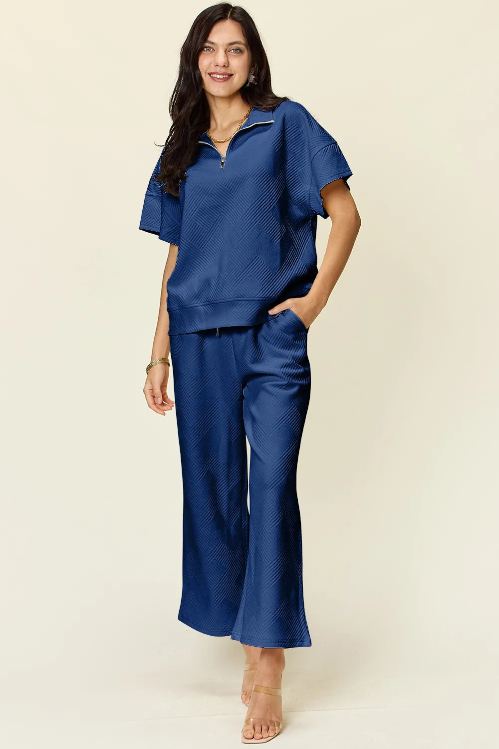 Double Take Full Size Texture Half Zip Short Sleeve Top and Pants Set 