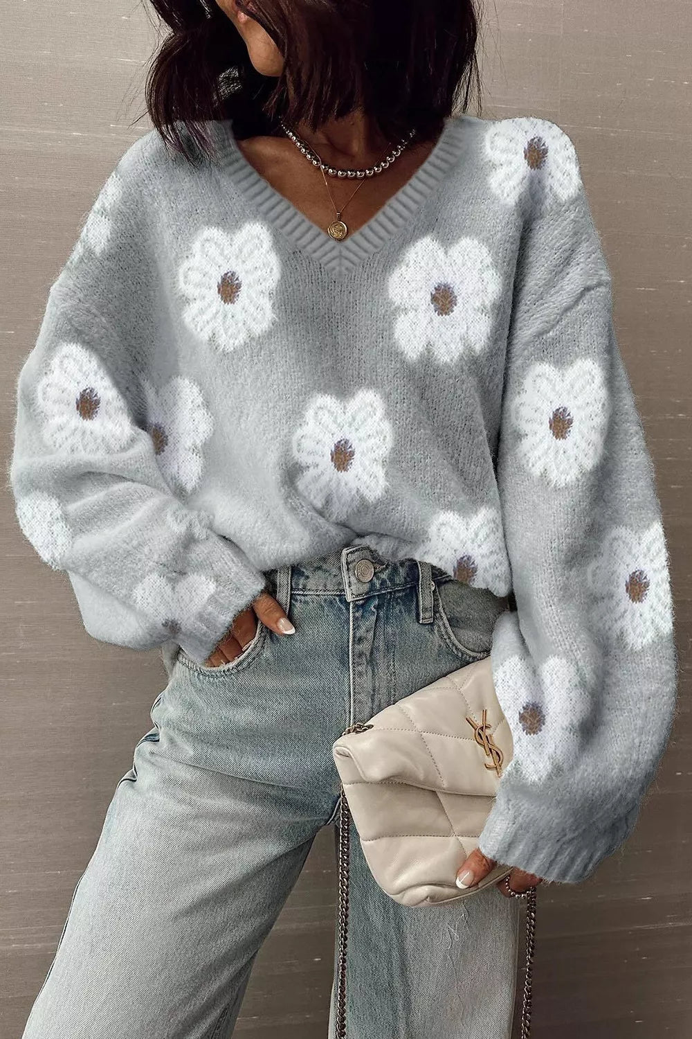 Floral Fuzzy Knit V-Neck Sweater 