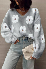 Floral Fuzzy Knit V-Neck Sweater 