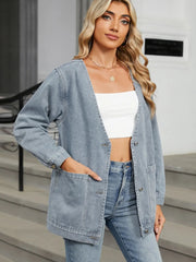 Pocketed V-Neck Button Up Denim Jacket 