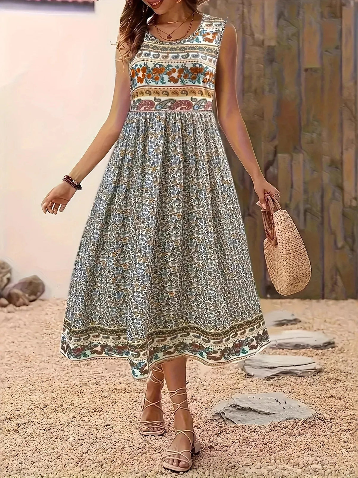 Plus Size Floral Print Sleeveless Midi Dress 