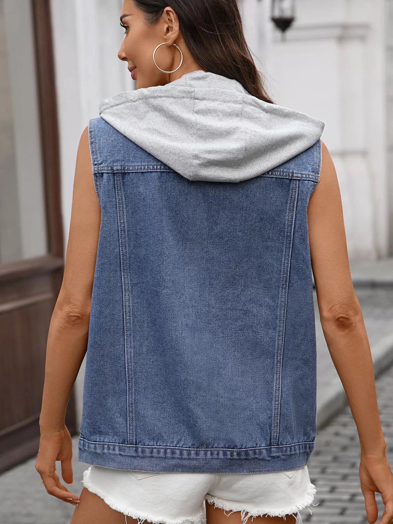 Button Up Removable Hooded Sleeveless Denim Jacket 