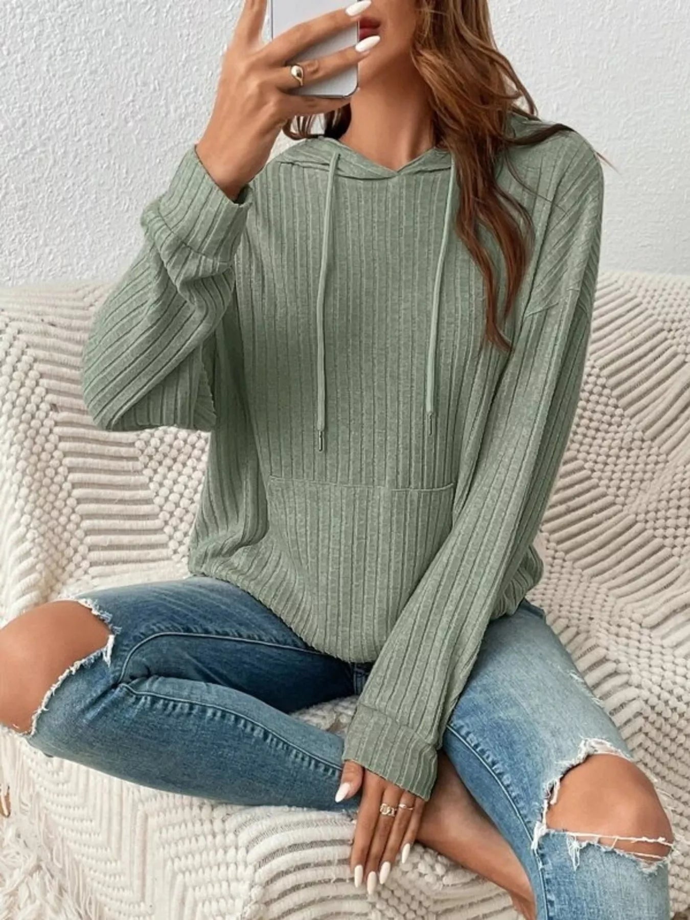 Casual Ribbed Knit Drawstring Hoodie 