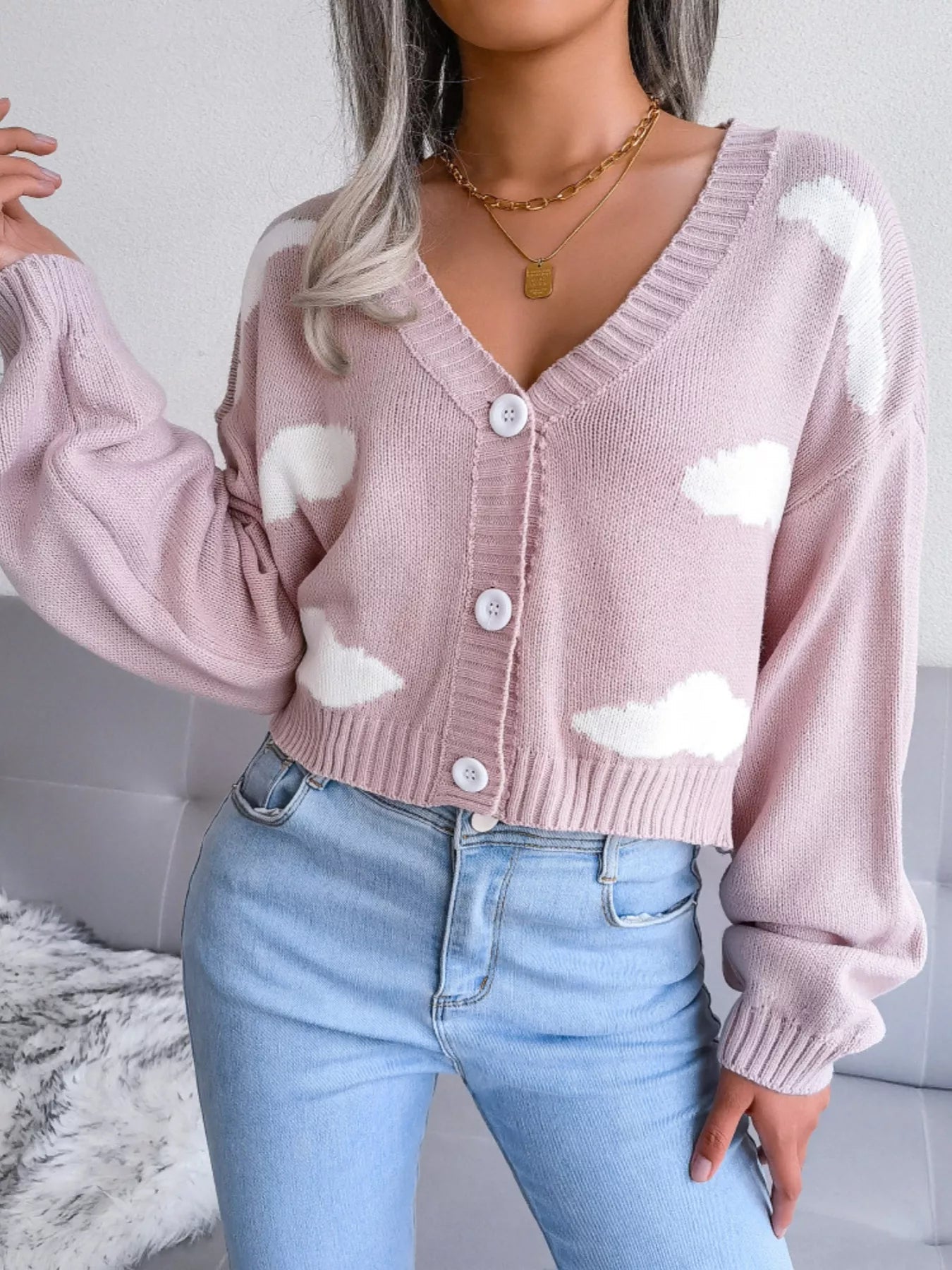Cloud Pattern Button-Up Cropped Cardigan 