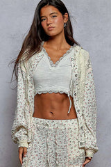 POL Floral Balloon Sleeve Hooded Lace Jacket with Stitch Detail 