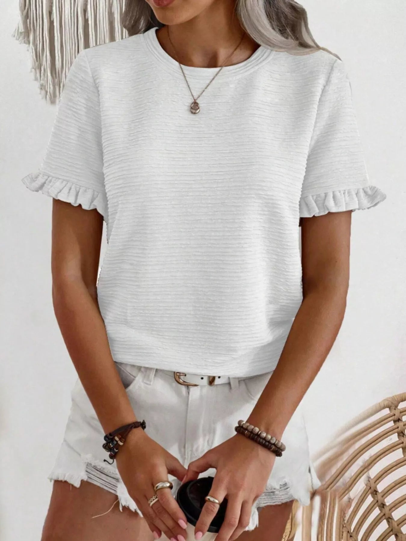 Textured Ruffle Sleeve Round Neck T-Shirt 