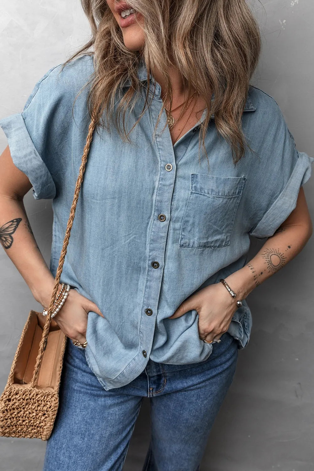Folded Short Sleeve Patched Pocket Denim Shirt 