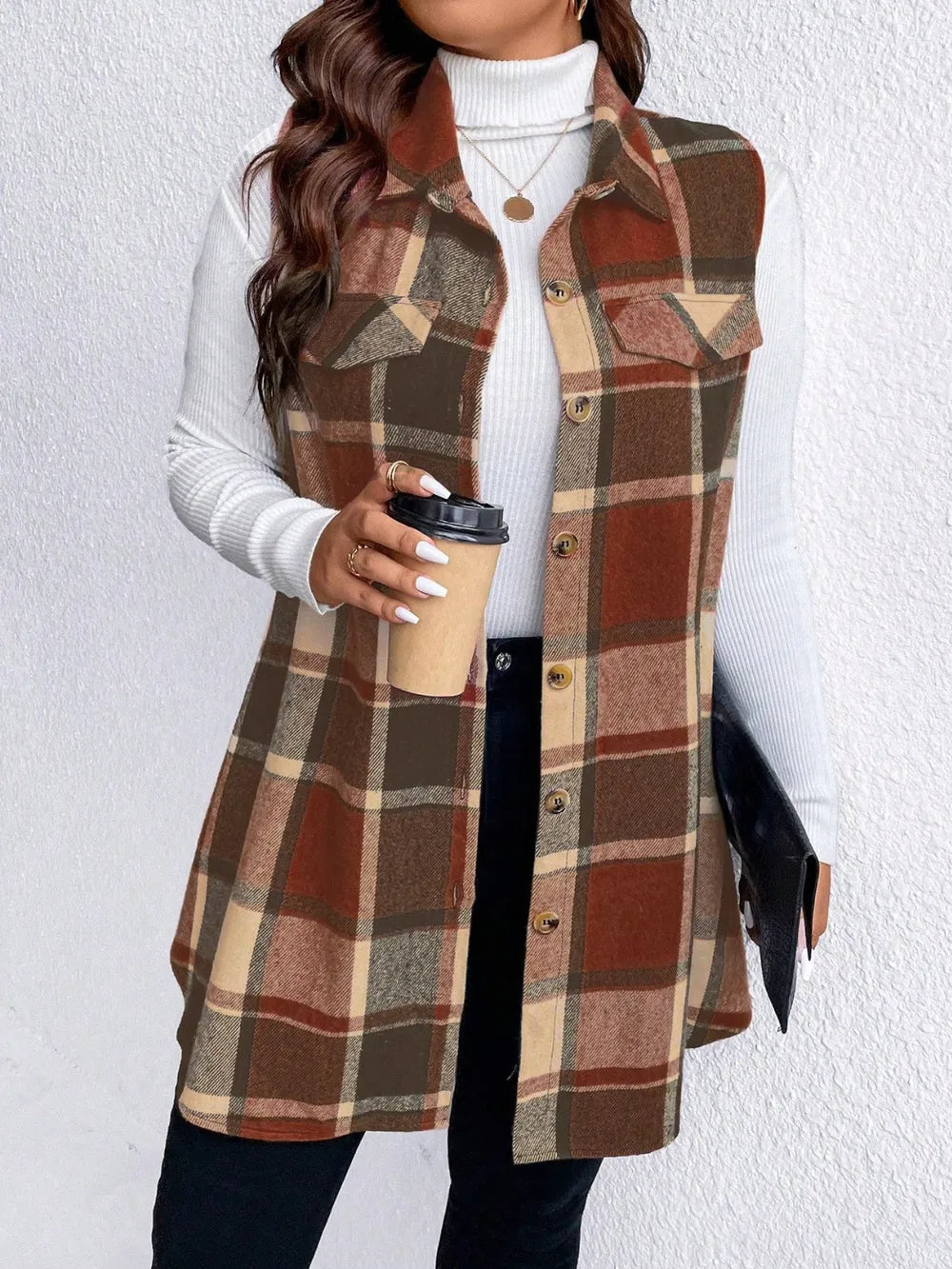 Honey Plus Size Pocketed Plaid Button Up Vest Coat 