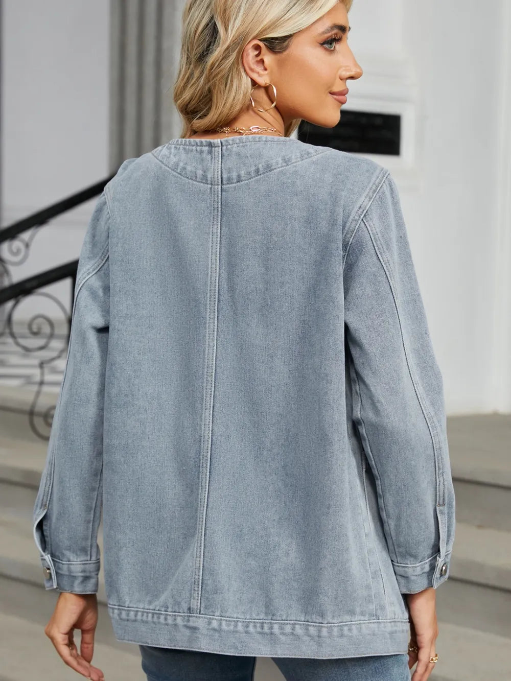 Pocketed V-Neck Button Up Denim Jacket 
