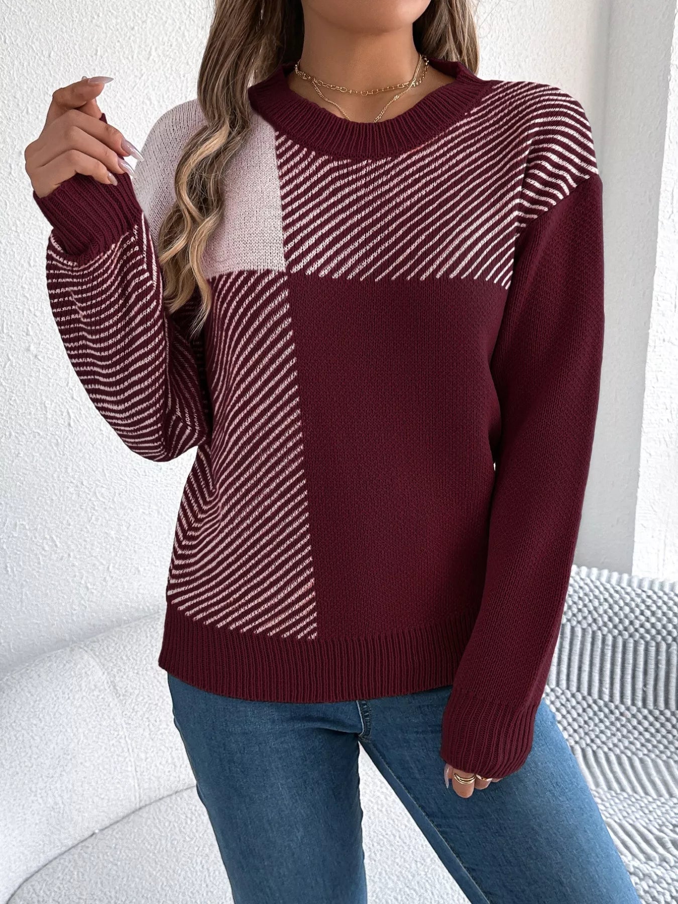 Color Block Striped Round Neck Sweater 
