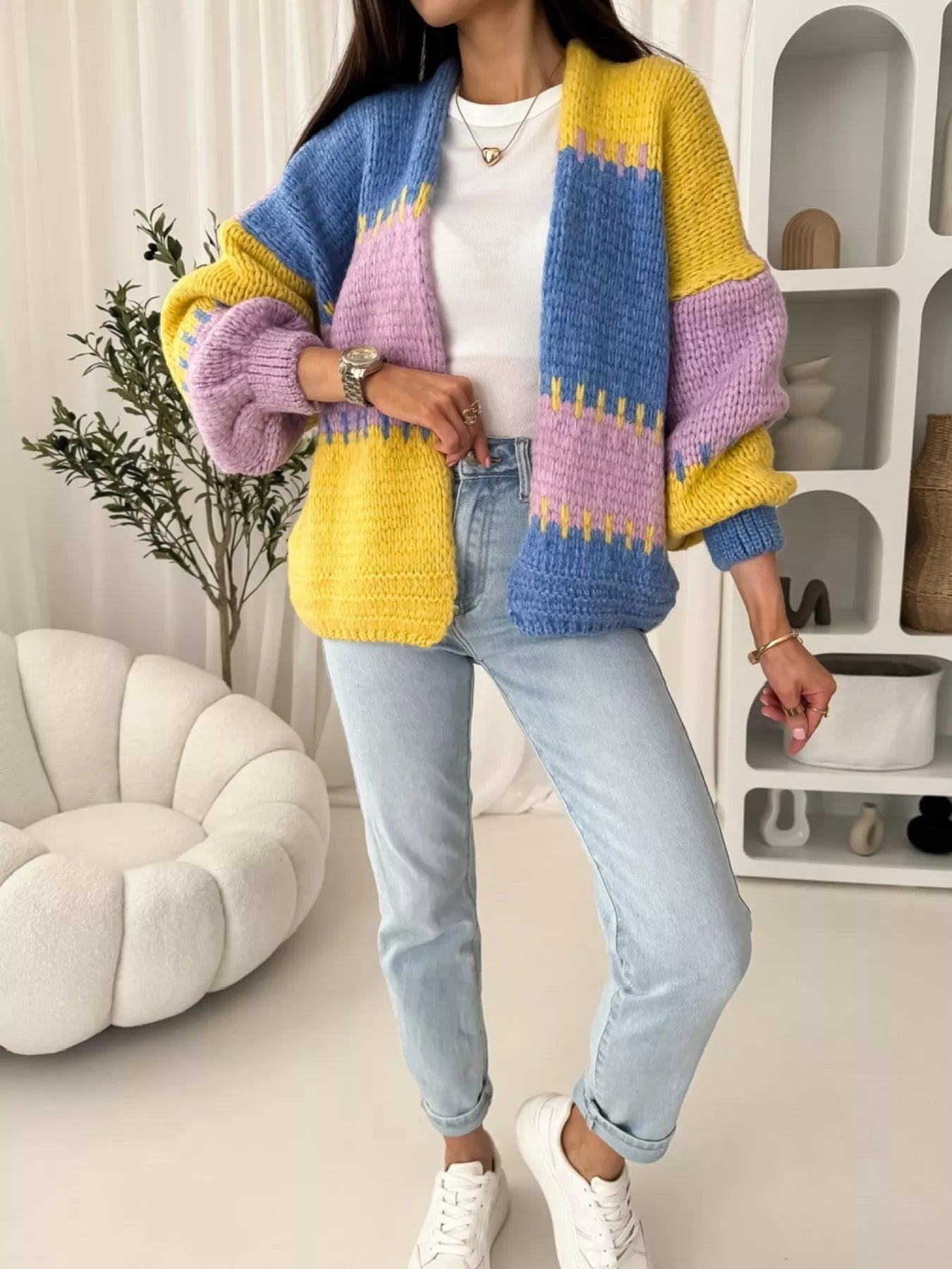Color Block Open Front Cardigan 