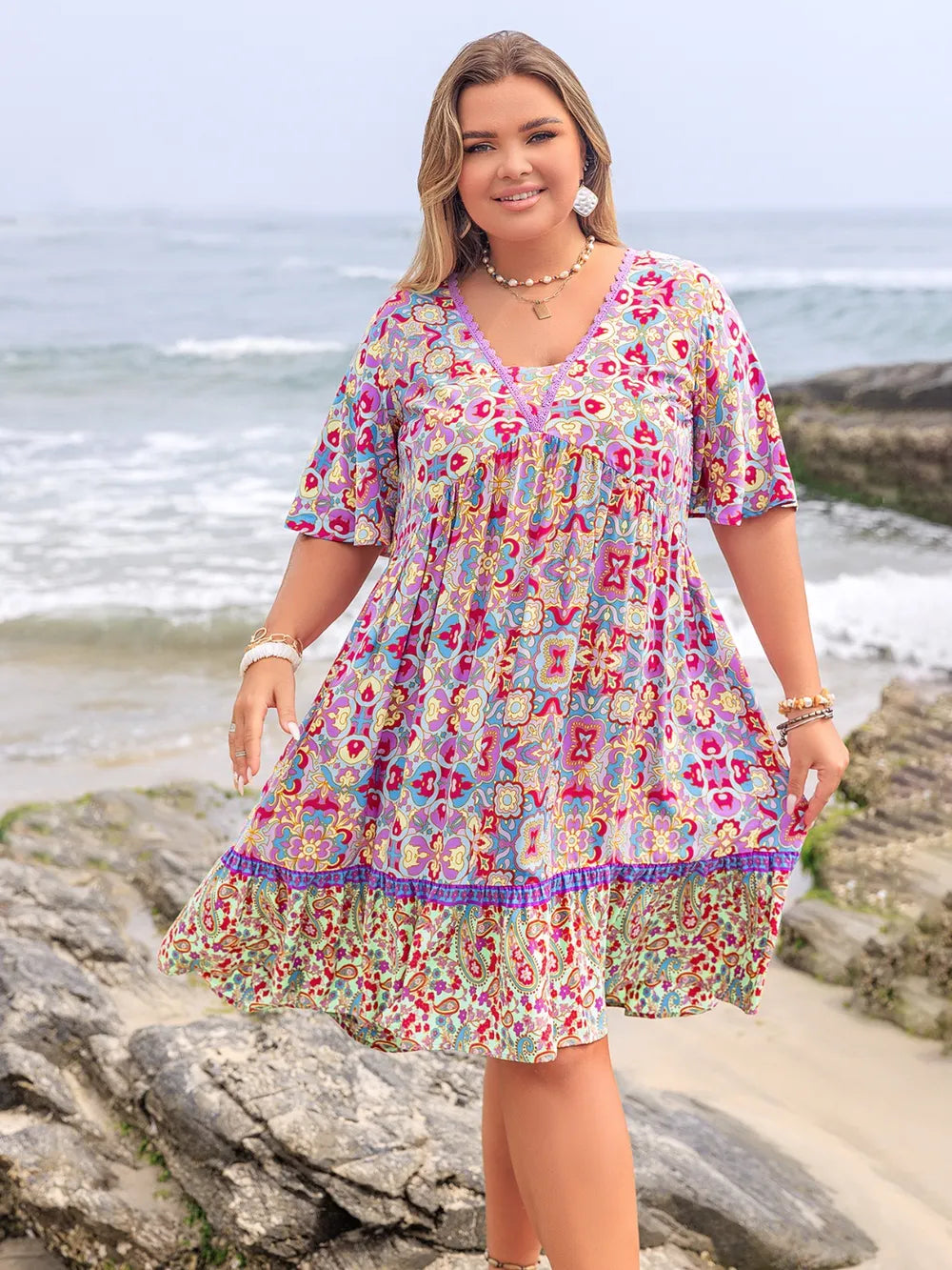 Plus Size Lace Detail Printed Half Sleeve Dress 