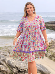 Plus Size Lace Detail Printed Half Sleeve Dress 