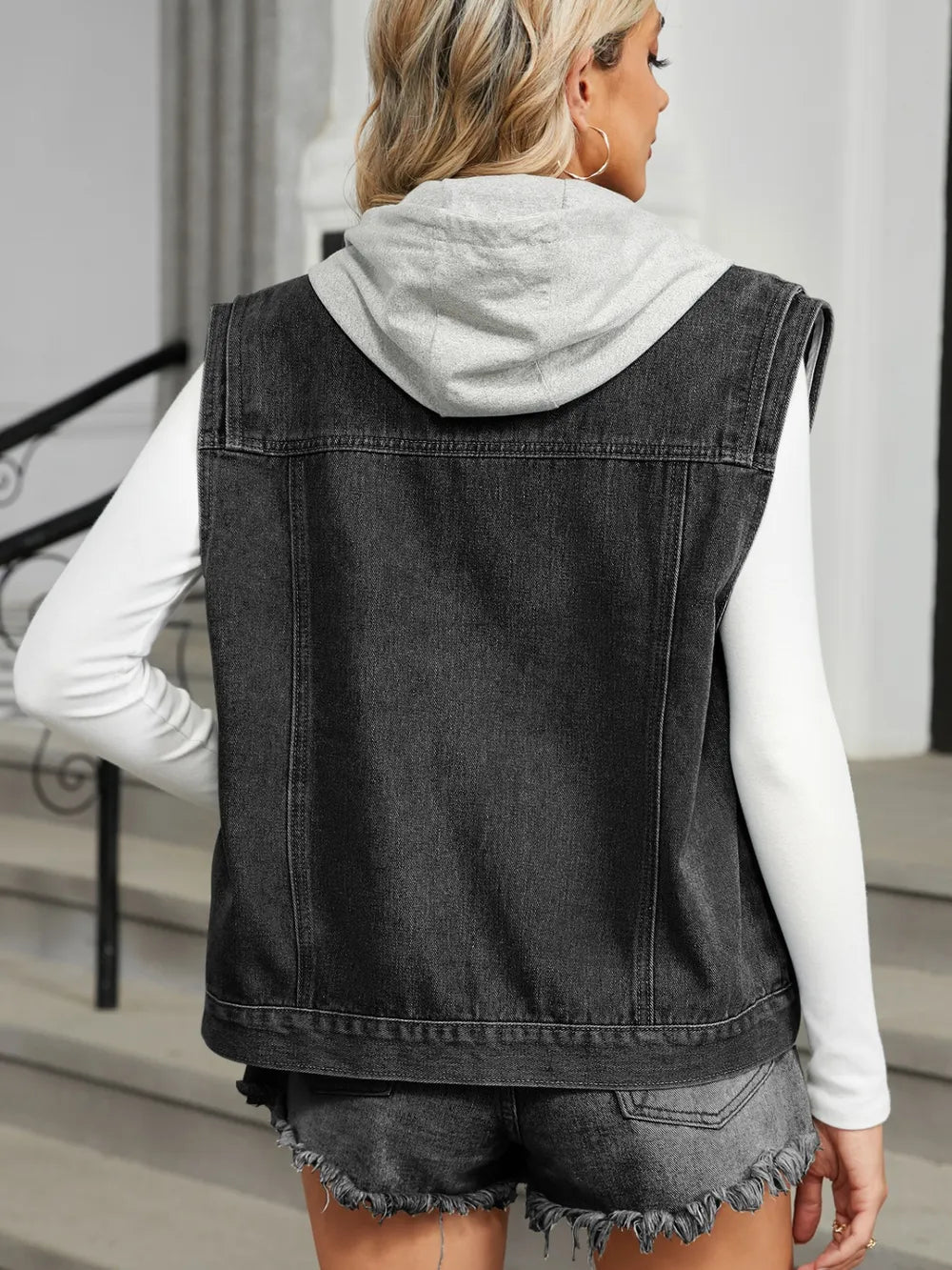 Pocketed Button Up Sleeveless Denim Jacket 