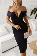 Elegant off-shoulder zip-back slit dress in navy, perfect for formal occasions with a flattering knee-length style.