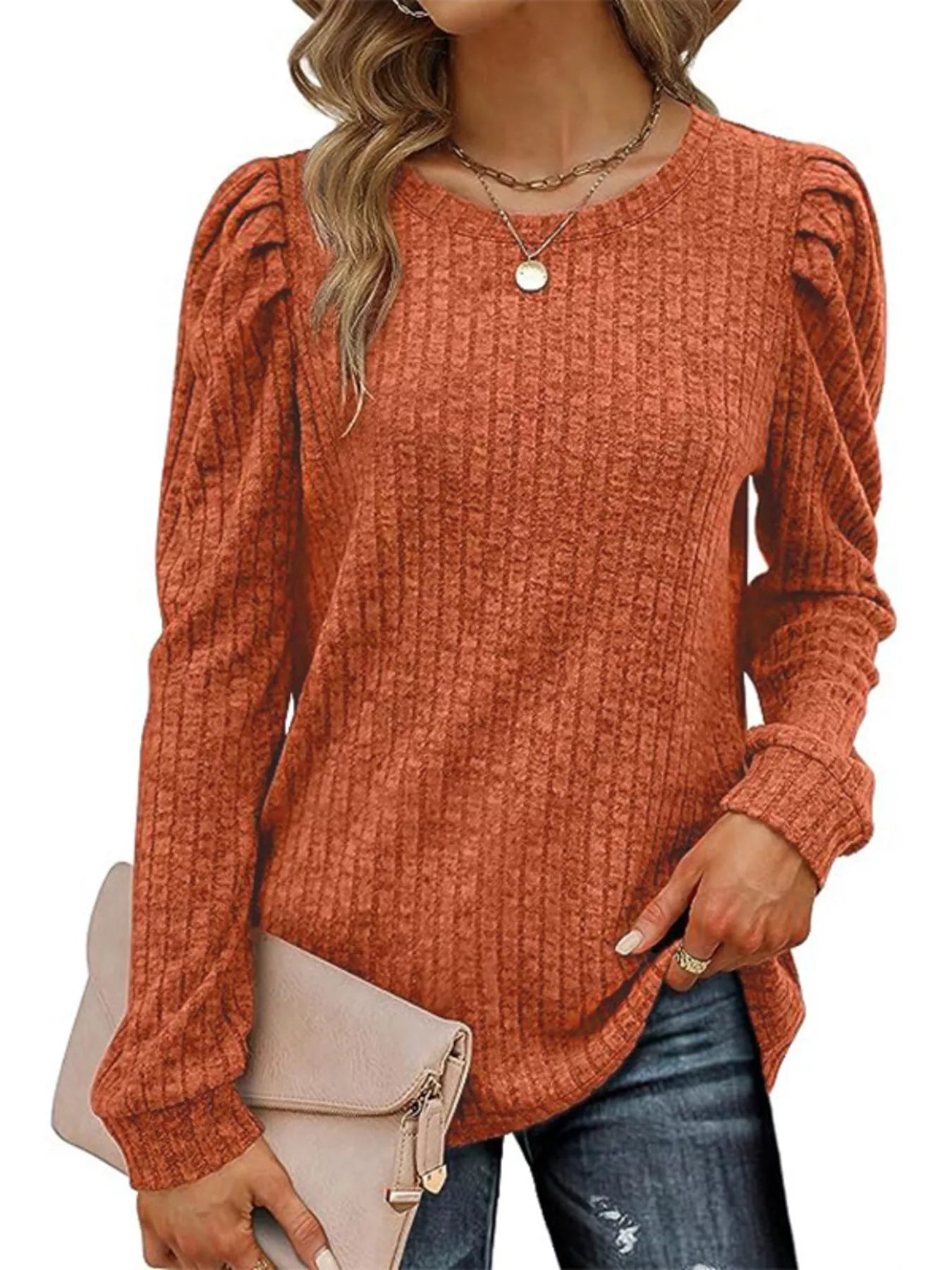 Ribbed Knit Top with Puff Sleeves 