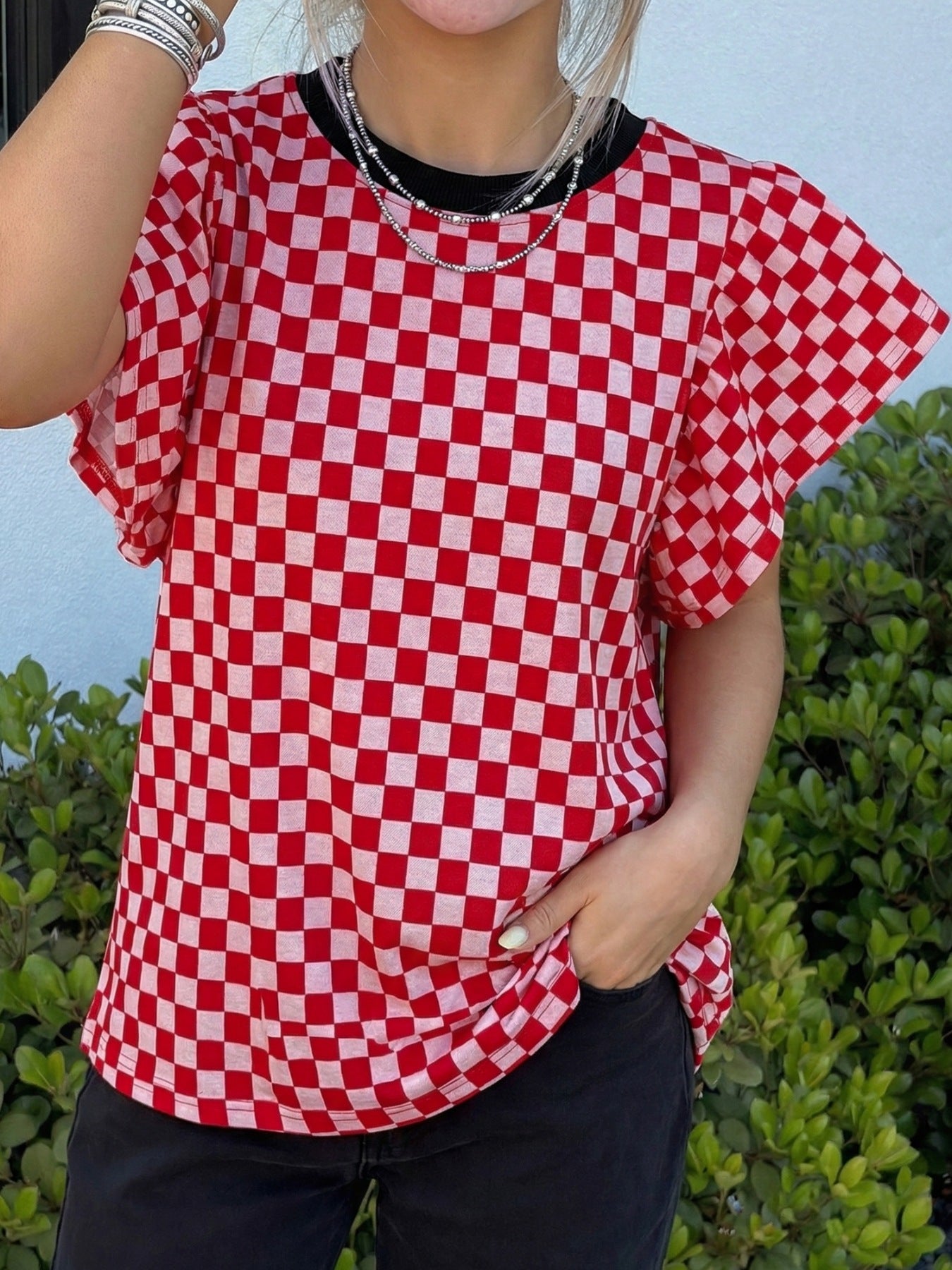 Checkered Print Ruffle Cap Sleeve Contrast Trim Round Neck Top 