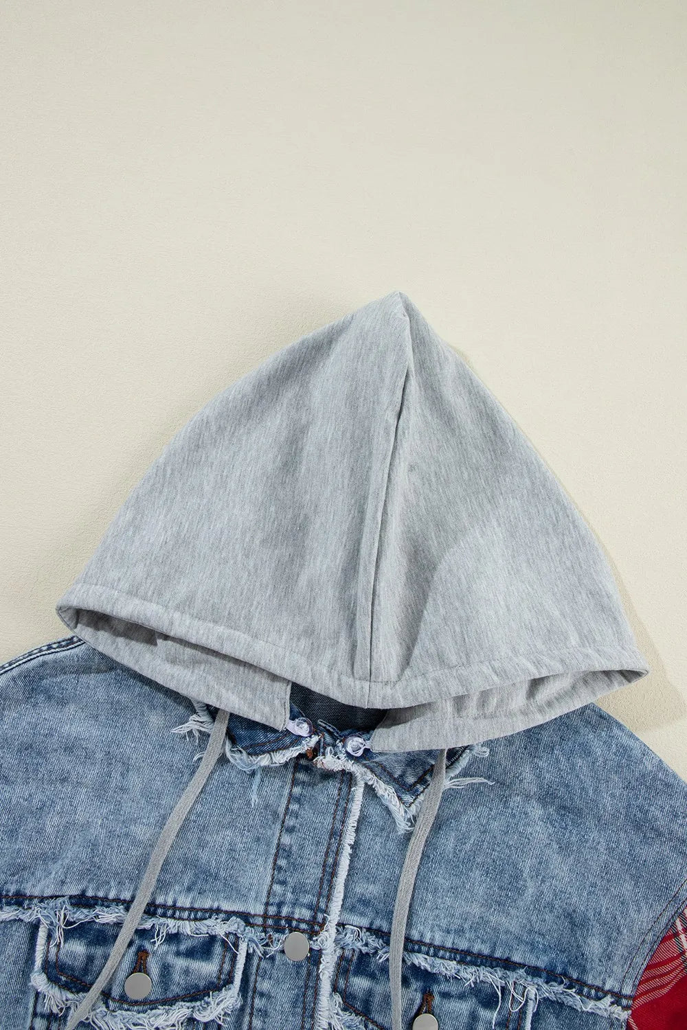 Raw Hem Drawstring Plaid Denim Jacket 