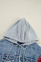 Raw Hem Drawstring Plaid Denim Jacket 