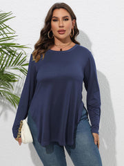 Plus Size Round Neck Long Sleeve Slit T-Shirt 