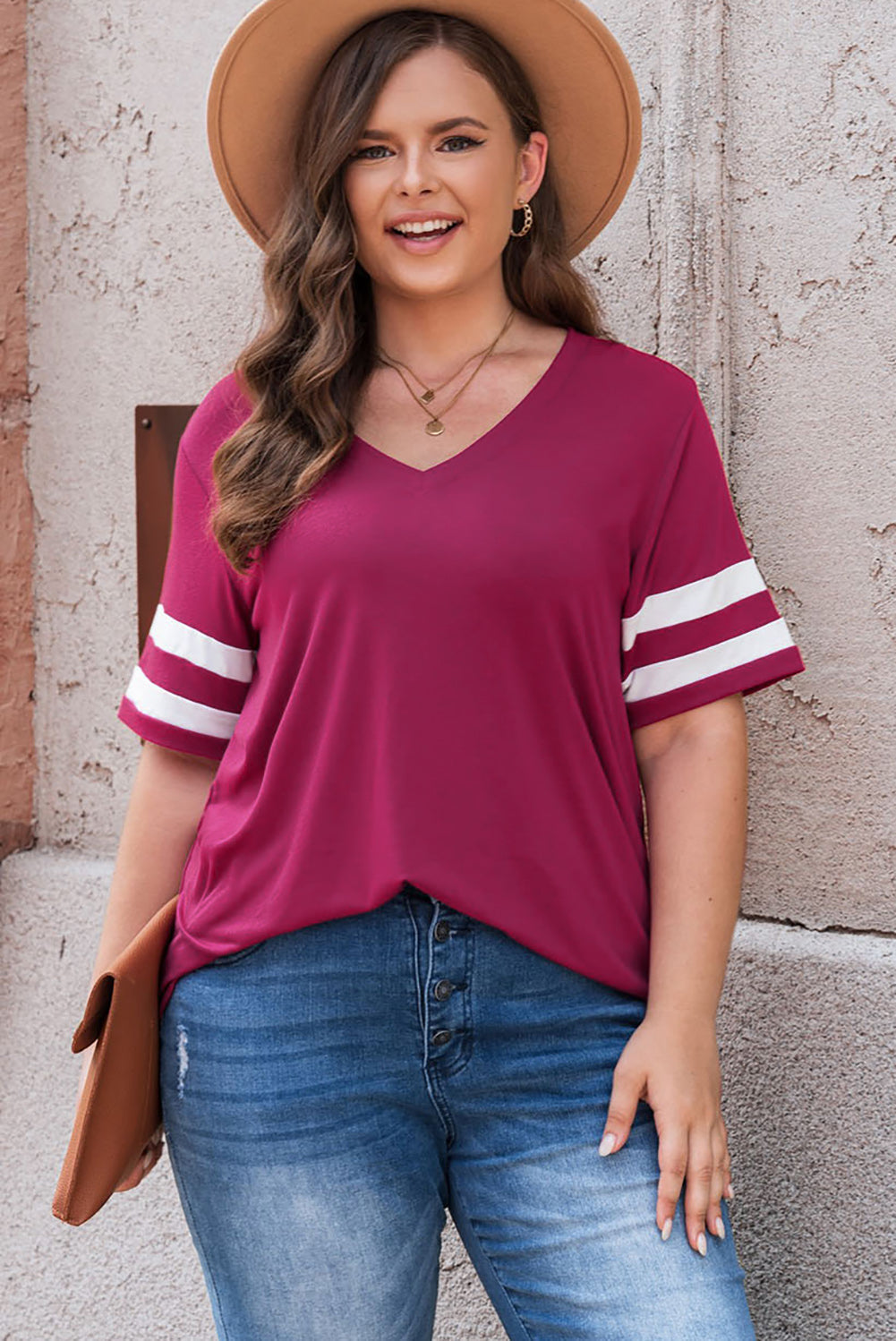 Plus Size Striped V-Neck Tee Shirt 