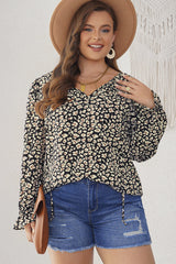 Plus Size Floral Flounce Sleeve Tie-Neck Blouse 