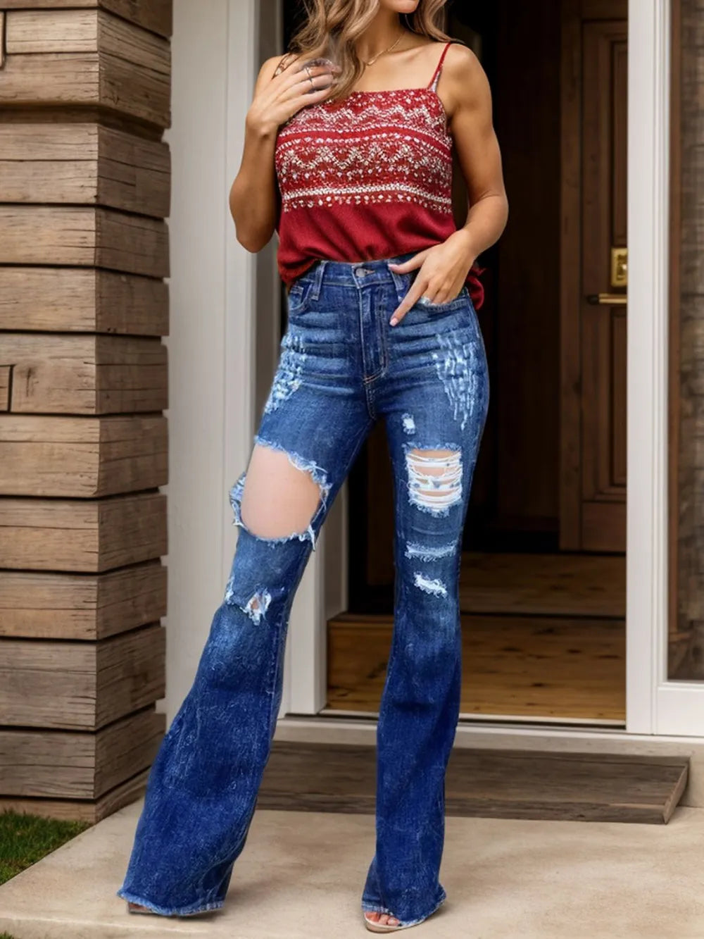 Raw Hem Distressed Bootcut Jeans 