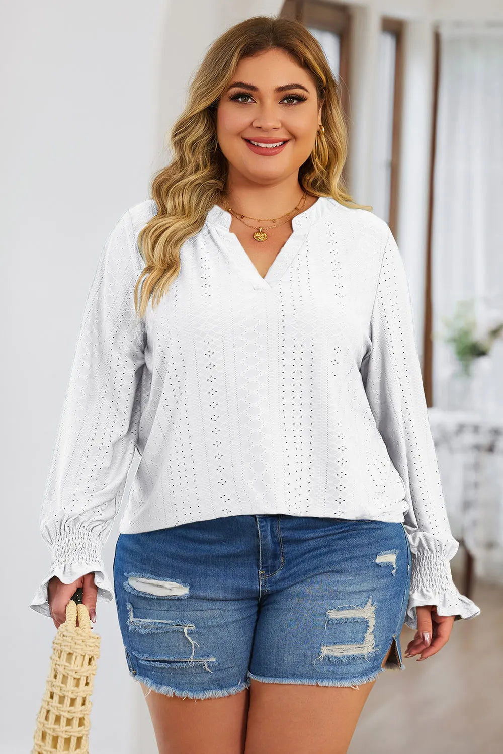 Plus Size Eyelet Notched Flounce Sleeve Blouse 