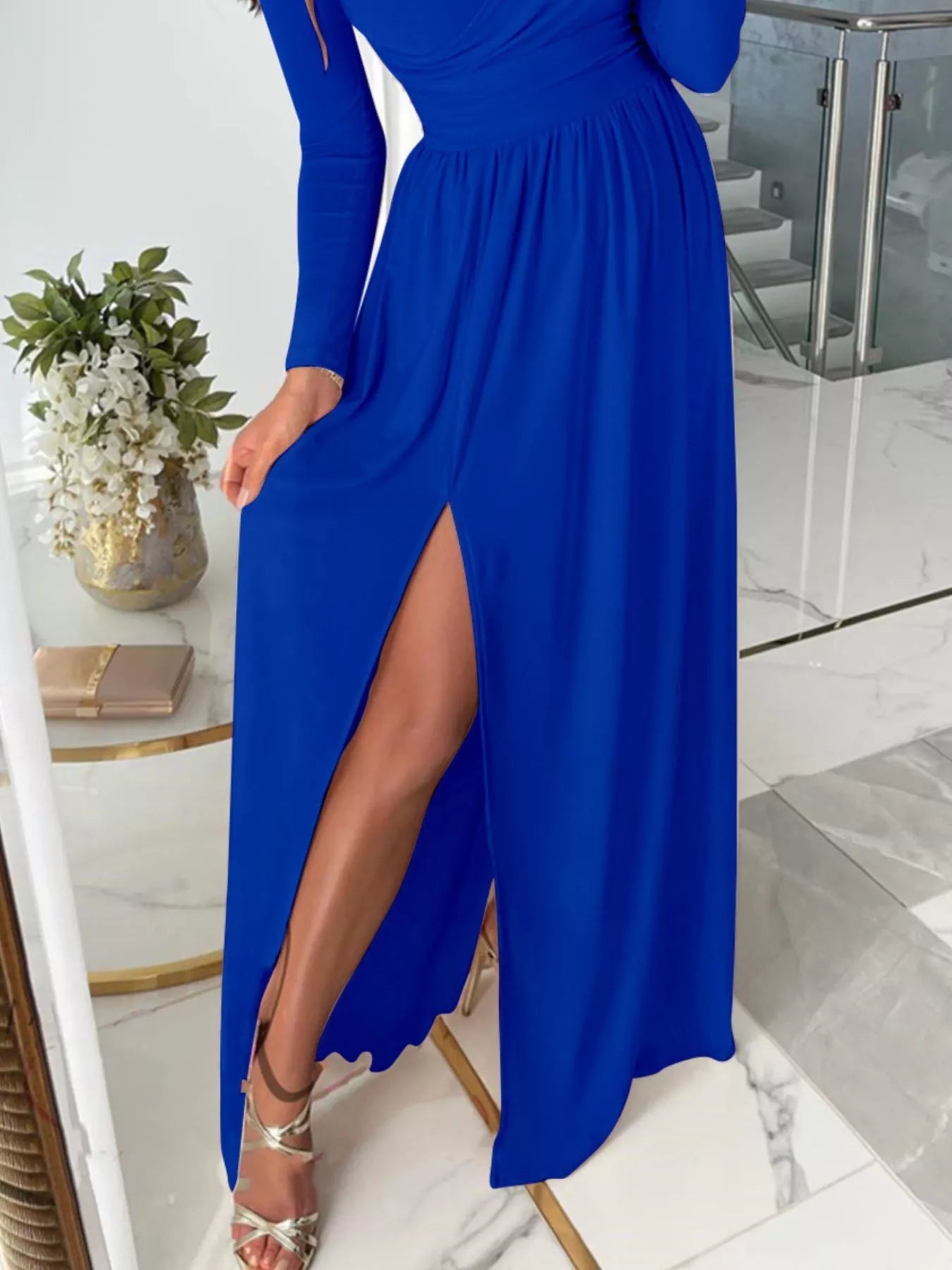 Slit Surplice Cold Shoulder Maxi Dress 