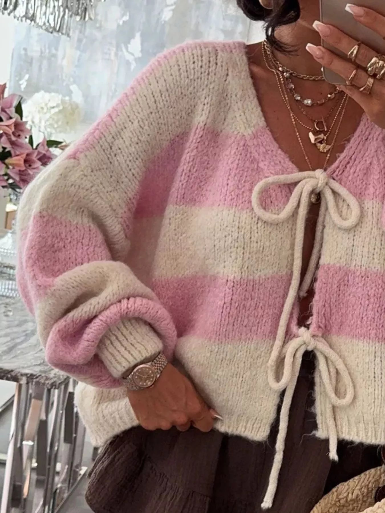 Striped Tie-Front Knit Cardigan 