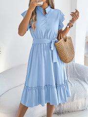 Tie Waist Ruffled Cap Sleeve Dress 