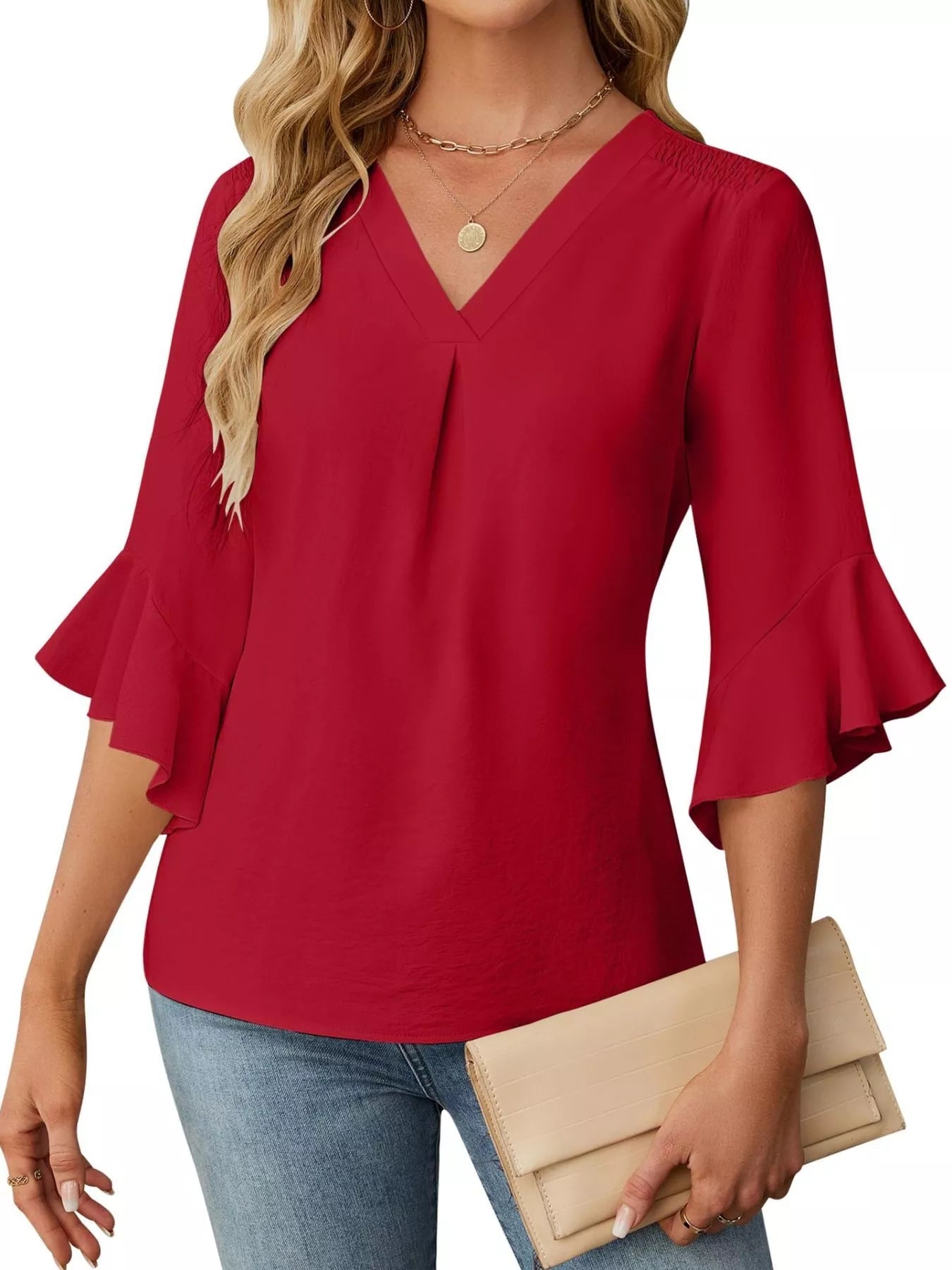 V-Neck Ruffle Sleeve Blouse 