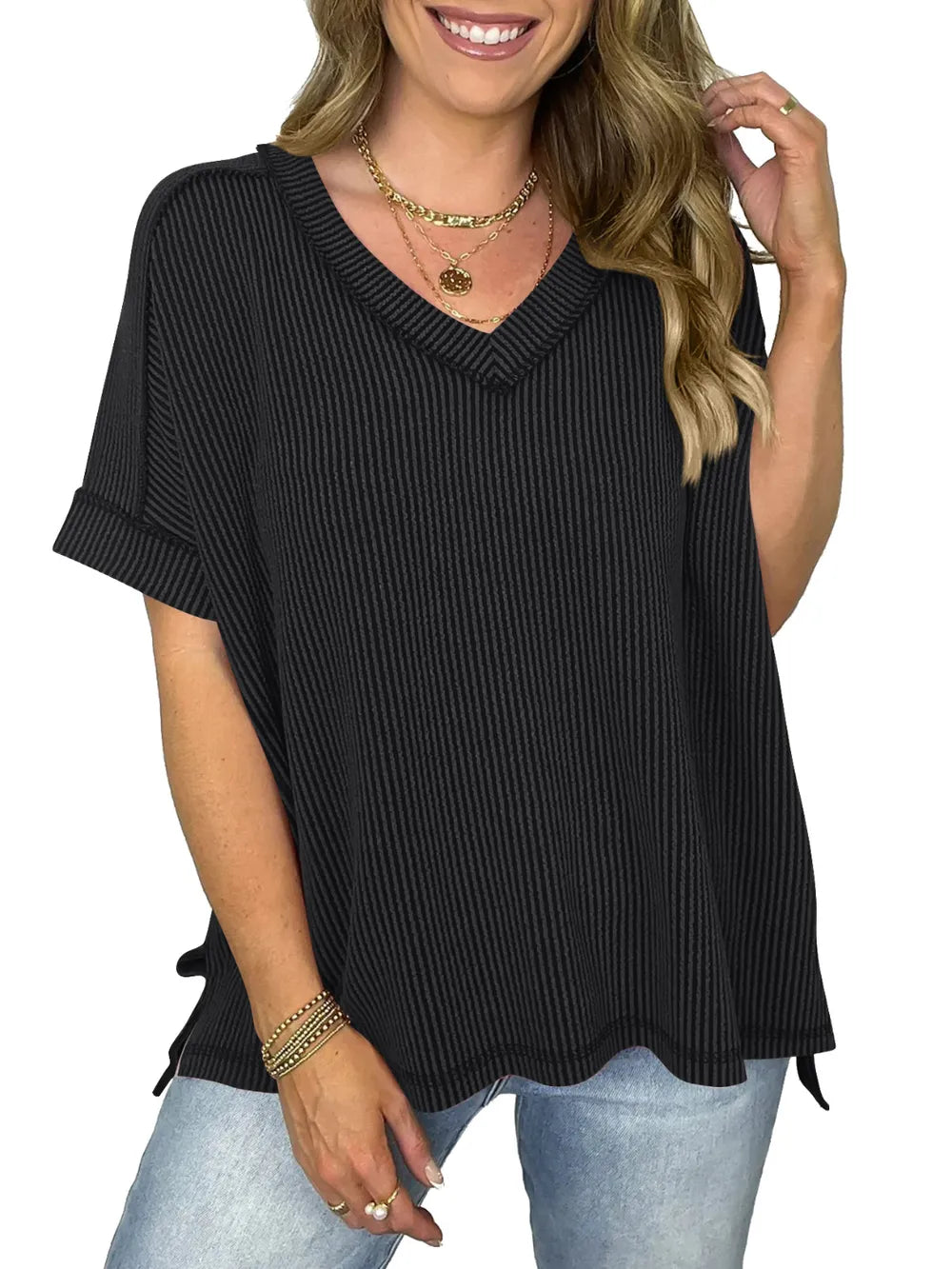 Cord Ribbed V-Neck Short Sleeve T-Shirt 