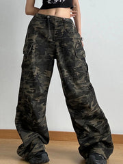 Drawstring Camouflage Cargo Wide Leg Jeans 