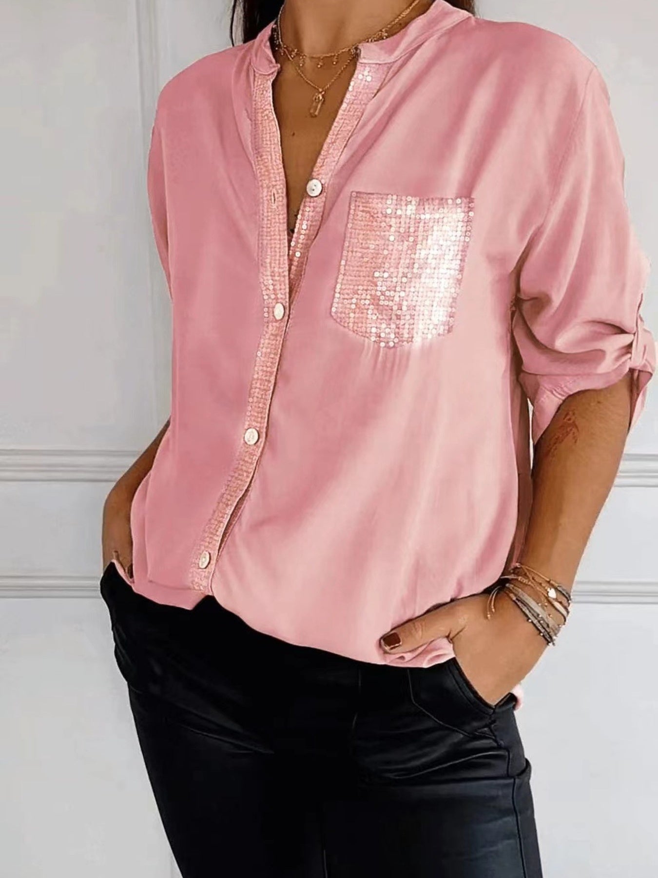Full Size Sequin Detail Button-Down Shirt Plus Size 