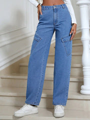 High Waist Straight Leg Jeans with Pockets 