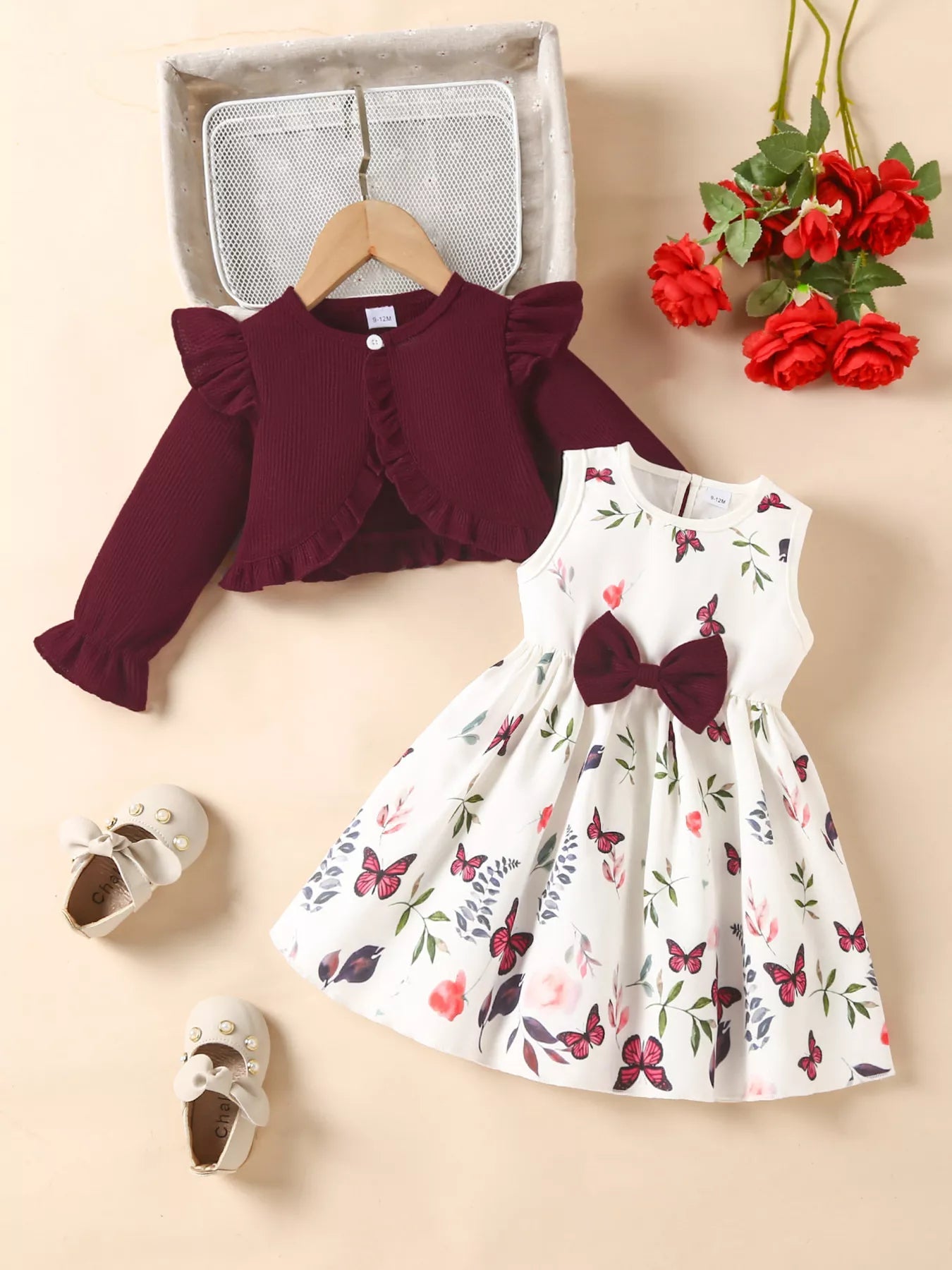 Children's Bow Dress & Ruffle Trim Cardigan Set 