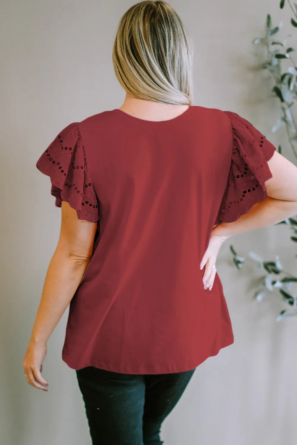 Plus Size Eyelet Round Neck Short Sleeve Blouse 